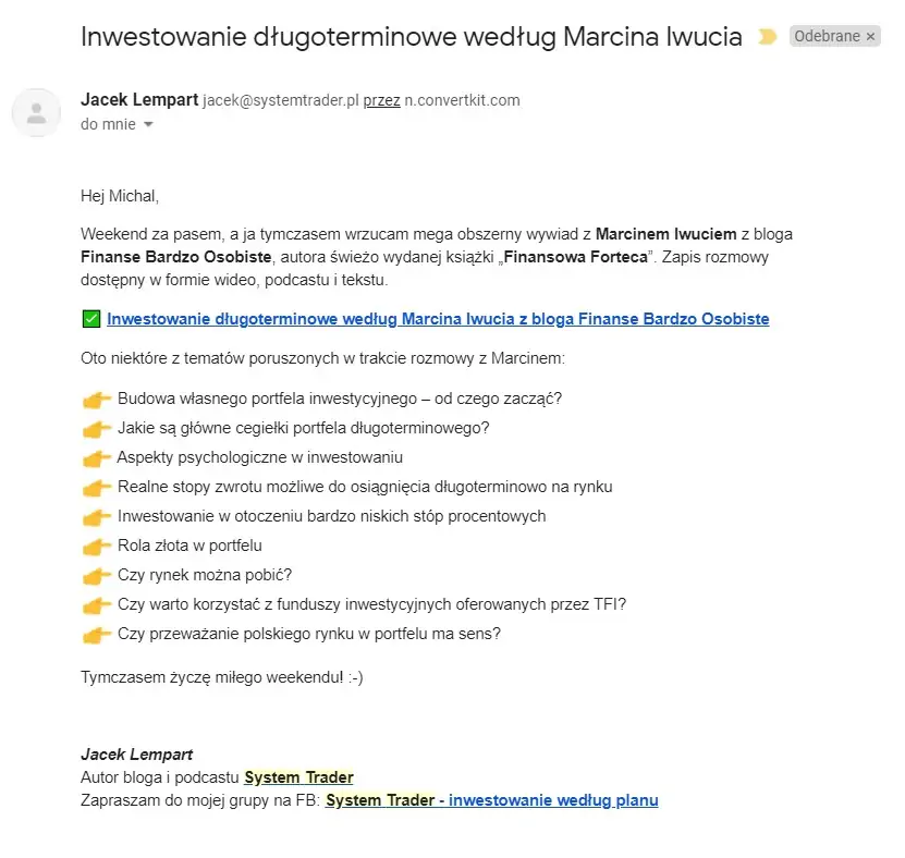 Newsletter System Trader Jacek Lempart