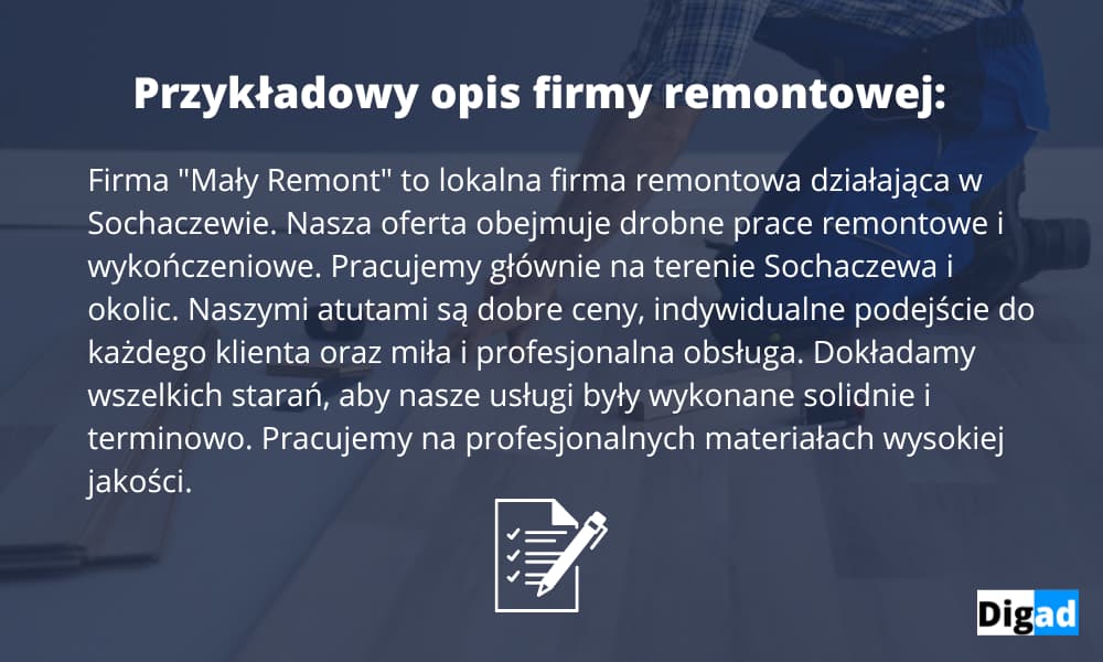 przykład opisu z wyróżnikami firmy remontowej